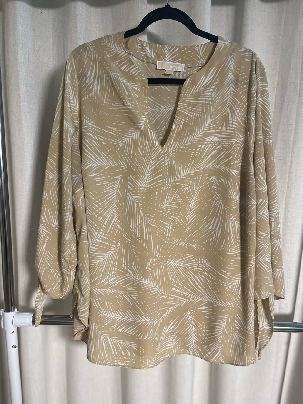 Michael Kors Tan Palm Print V-Neck Blouse